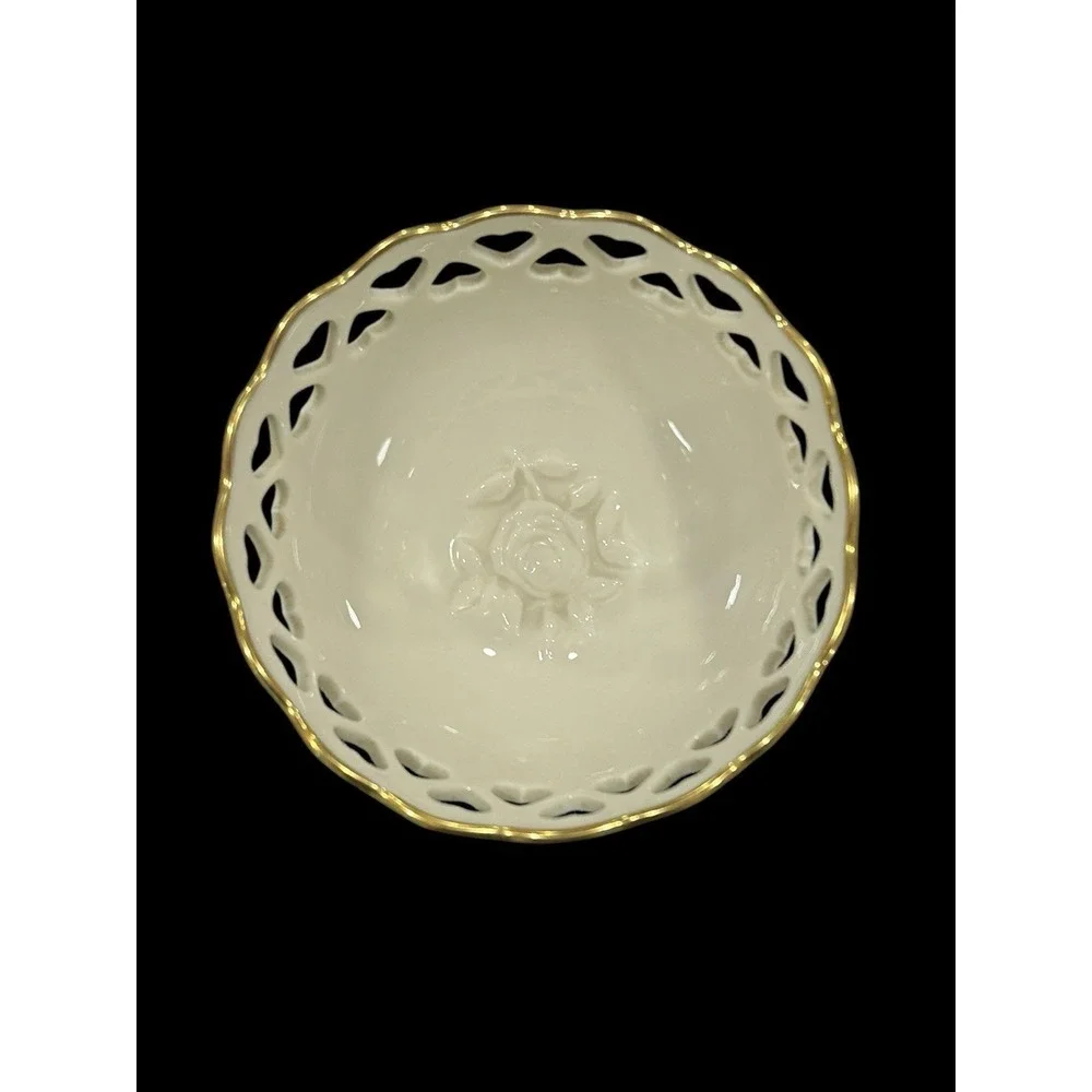 Lenox China Heart Collection 24K  Gold Trim Pierced Bowl with an Embossed Rose